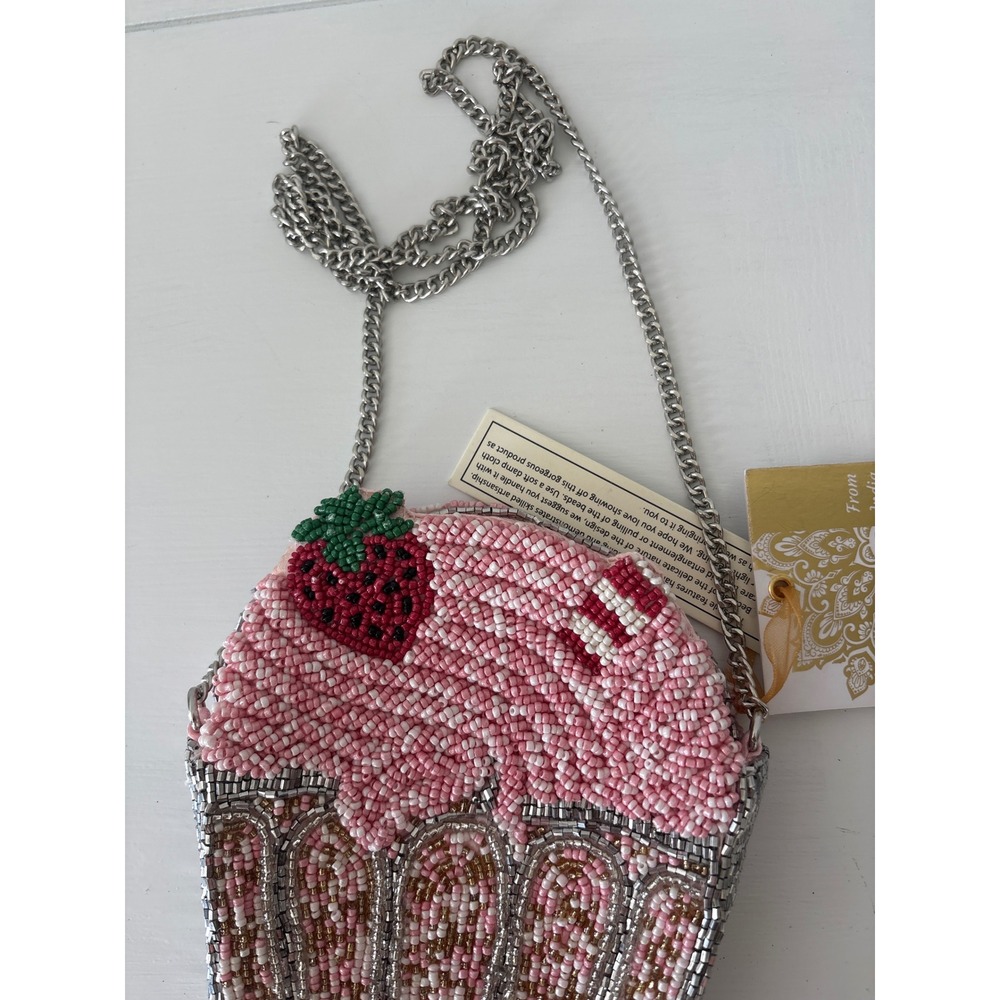 New Beaded Strawberry Milkshake Crossbody Bag Pink Silver Novelty Purse - Picture 5 of 5